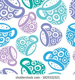 Seamless vector pattern of silhouettes of ornamental kitchen supplies, cup of tea or coffee in blue tones. The design is perfect for stickers, decorations, icon, logo, badges, advertisements