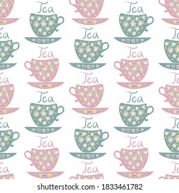 Seamless vector pattern of silhouettes of ornamental kitchen supplies, cup of tea on a plate in pastel colors. The design is perfect for stickers, decorations, icon, logo, badges, advertisements