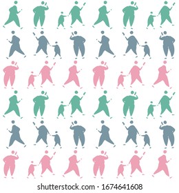 Seamless Vector Pattern With Silhouettes Of People. Adult Overweight And Obese People Walking, Talking, Holding Child By Hand, Looking At The Phone, Running, Exercising. White Background.