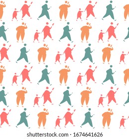 Seamless Vector Pattern With Silhouettes Of People. Adult Overweight And Obese People Walking, Talking, Holding Child By Hand, Looking At The Phone, Running, Exercising.