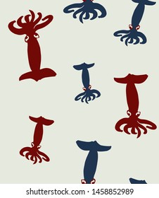 Seamless vector pattern with silhouettes of red and blue squids of off white background.