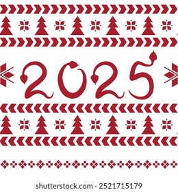 Seamless vector pattern with silhouettes of snakes curved into the number 2025. Cozy classic Nordic winter Christmas ornament in traditional Scandinavian style in red on a white background.