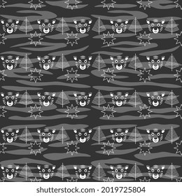 Seamless vector pattern with silhouettes of tiger cartoon faces, fir trees, stars on dark gray background with tiger print. Illustrations for the year of the tiger, postcards, packaging.