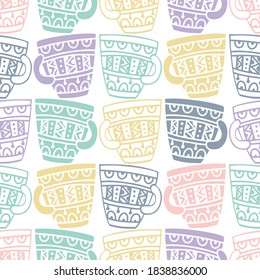 Seamless vector pattern of silhouettes of traditional colorful ornamental big latte cups on white background. The design is perfect for stickers, decorations, icon, logo, badges, advertisements