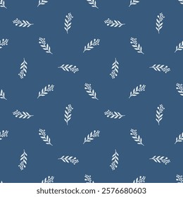 Seamless vector pattern with silhouettes of twigs on a blue background. Decorative plant print for textiles, fabrics, wallpapers, covers and other surfaces.