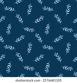 Seamless vector pattern with silhouettes of twigs on a blue background. Decorative plant print for textiles, fabrics, wallpapers, covers and other surfaces.