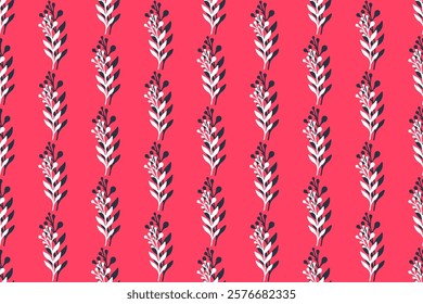 Seamless vector pattern with silhouettes of white twigs on a bright pink background. Decorative plant print for textiles, fabrics, wallpapers, covers and other surfaces.