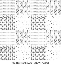 Seamless vector pattern from silver scraps of square ornaments, snowflakes, stars, lines, hearts, polka dots beautiful on a white background. Illustration for a festive surface, packaging,textured