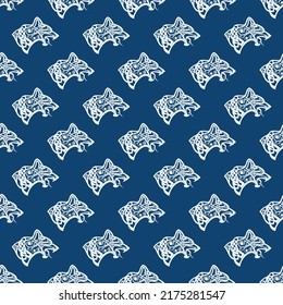 Seamless Vector Pattern. Silver Wolf Head On A Blue Background. Celtic Symbol. Sacral Viking Sign. Scandinavian Culture.  Ancient Norman Sacred Symbol. Vector Color Background.