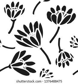 Seamless vector pattern with simple abstract cut out flowers of crocus. Spring flowers. Black and white pattern. 