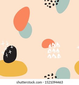 Seamless vector pattern of simple abstract shapes, dots and brushstrokes on an orange background.