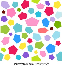 Seamless vector pattern. Simple Abstract design. Little cute geometric shape: pentagon in bright festive children colors. Blue, pink, yellow, purple, green
