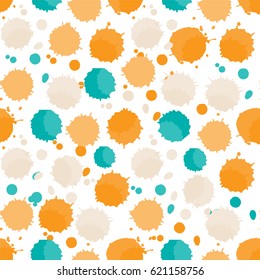Seamless vector pattern. Simple Abstract design. Little cute shape: ink blot, drops in bright festive colors, orange and blue. Confetti design, perfect for cards, wallpaper, fabric, cotton and more