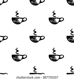 Seamless vector pattern. Simple black and white background with hand drawn cups