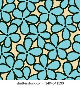A seamless vector pattern with simple blue forget me not flowers on a pastel yellow background. Surface print design.