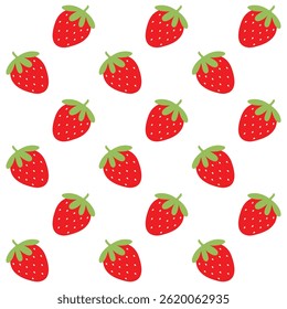 Seamless vector pattern with simple, bright red strawberries on a white background. Perfect for kids’ designs, packaging, textiles, wallpaper, wrapping paper, and summer-themed projects.