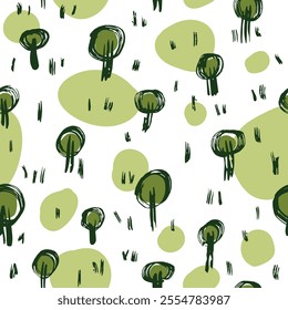 
Seamless vector pattern with simple brush drawn trees and grass, dark green brush strokes and green fill, white background.