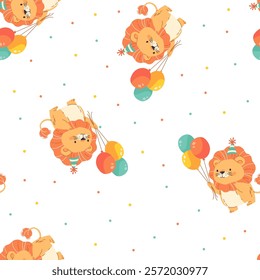 Seamless vector pattern in simple child style for birthday party. Cute lion cub in a cap and with inflatable balloons