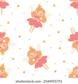 Seamless vector pattern in a simple childish style. Cute fairy with magic wand and wings, stars