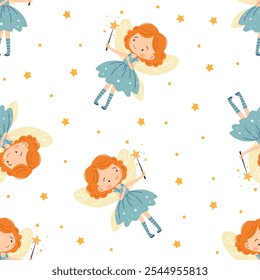 Seamless vector pattern in a simple childish style. Cute fairy with magic wand and wings, stars