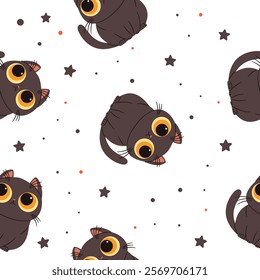 Seamless vector pattern in a simple childish style. Cute black cat with big yellow eyes on white background 