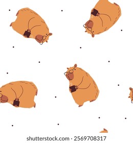 Seamless vector pattern in a simple childish style. Cute capybara in office glasses holding a cup of coffee on white background 