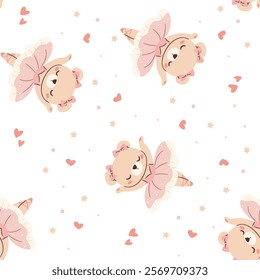 Seamless vector pattern in a simple childish style. Cute bear in ballerina costume dancing on white background 