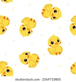 Seamless vector pattern in a simple childish style. Cute ducks with big eyes on white background 