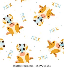 Seamless vector pattern in a simple childish style. Cute calf drinking milk from a bottle and milk caption on white background