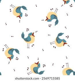 Seamless vector pattern in a simple childish style. Cute bird singing on white background, notes 