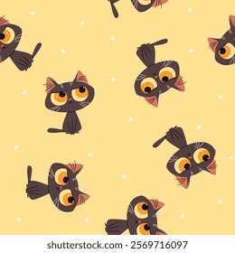 Seamless vector pattern in a simple childish style. Cute black cat with big yellow eyes on yellow background 