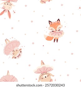 Seamless vector pattern in a simple childish style. Cute ballerina animals, lamb rabbit bear and fox in tutu ballerinas dancing ballet