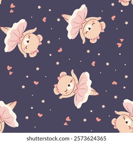 Seamless vector pattern in a simple childish style. Cute bear in ballerina costume dancing on dark background 