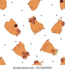 Seamless vector pattern in a simple childish style. Cute capybaras in different poses