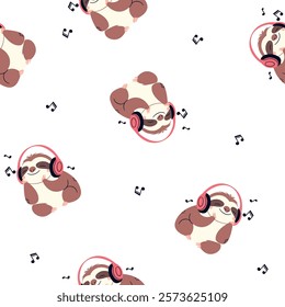 Seamless vector pattern in a simple childish style. Cute sloth listening to music, notes 