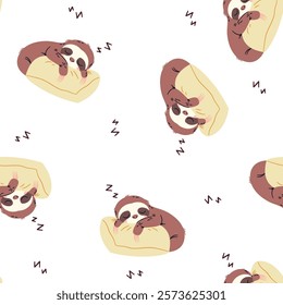 Seamless vector pattern in a simple childish style. Cute sloth sleeping on a pillow