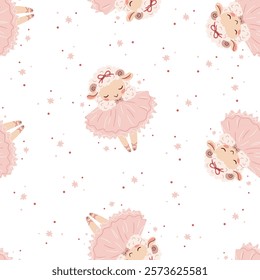 Seamless vector pattern in a simple childish style. Cute sheep in ballet tutu dancing on white background 