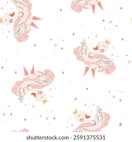 Seamless vector pattern in a simple childish style. Cute swan ballerina dancing ballet, ballet tutu.