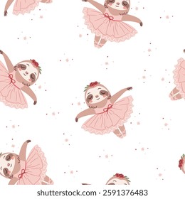 Seamless vector pattern in a simple childish style. Cute sloth ballerina dancing ballet, ballet tutu. 