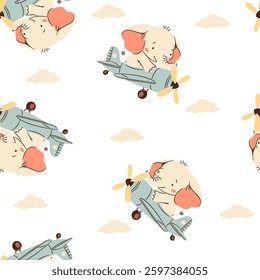 Seamless vector pattern in a simple childish style. Cute elephant flying on airplane among clouds on white background 