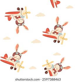 Seamless vector pattern in a simple childish style. Cute bunny flying on airplane among clouds on white background 