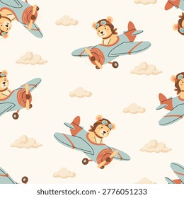 Seamless vector pattern in a simple childish style. Cute bear flying on airplane among clouds on white background