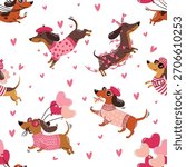 Seamless vector pattern in a simple childlike style on a white background. Cute dachshunds wearing sunglasses, pink clothes, 