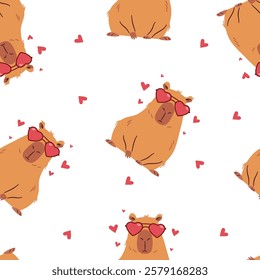 Seamless vector pattern in a simple children's style. Cute capybara wearing heart-shaped sunglasses. Valentine's Day Holiday