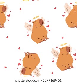 Seamless vector pattern in a simple children's style.  Cute capybara cupid. Valentine's Day Holiday