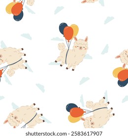 Seamless vector pattern in a simple children's style. Cute llama is flying in the clouds on balloons