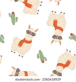 Seamless vector pattern in a simple children's style. Cute llama in sunglasses and cacti