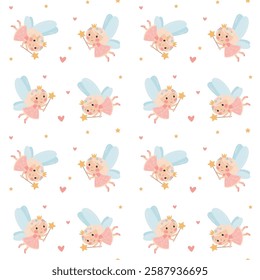 Seamless vector pattern in a simple children's style. Princess with wings. Cute fairy with wings, stars, hearts
