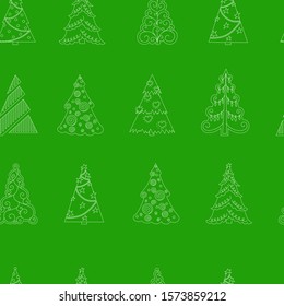 Seamless vector pattern of simple christmas trees. White contour fir on a green background. Festive design for web, packaging, printing, gifts, cards. Isolated items.