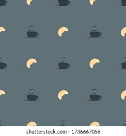 Seamless vector pattern with simple croissant cup of tea or coffee icon. Food pattern illustration for poster, banner, fabric.